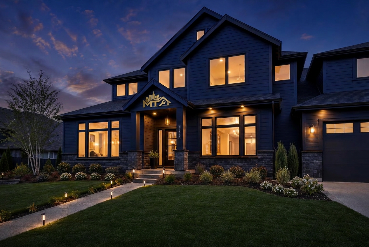 Beautiful dark home with MT Property Services logo